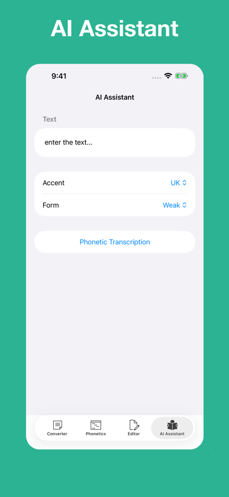 AI Assistant interface of the English to Phonetics Converter app showing accent and phonetic form options