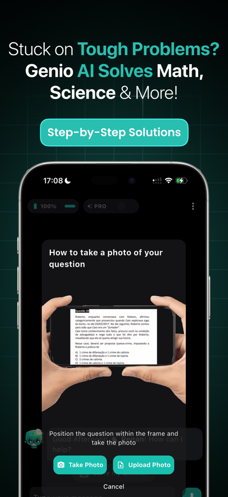 Genio AI: College Smart Tutor - Tela do aplicativo Genio AI mostrando o solucionador de problemas passo a passo usando uma câmera de celular para tirar uma foto de uma pergunta.