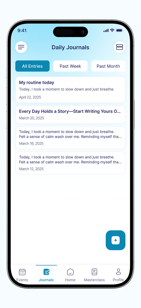 SOUL LAB - A screenshot of the SOUL LAB app showing the Daily Journals interface with a list of historical entries and a plus button to add new reflections.