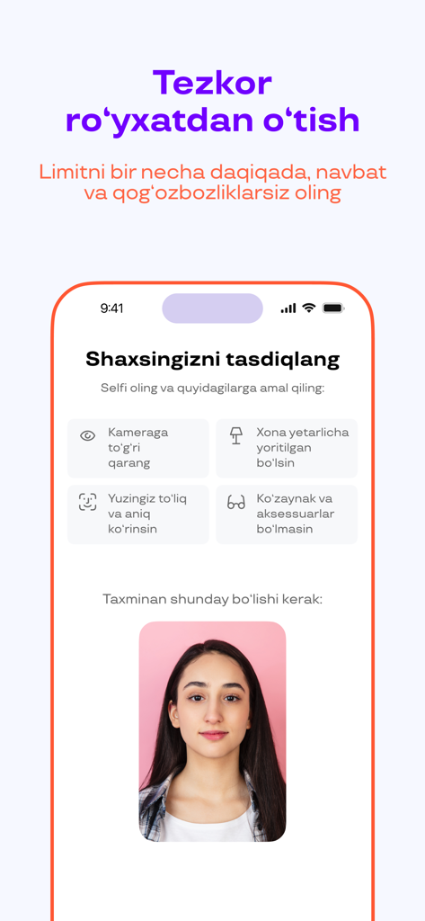 Mobile screen of the Uzum Nasiya app showing the identity verification step with selfie instructions for fast registration.