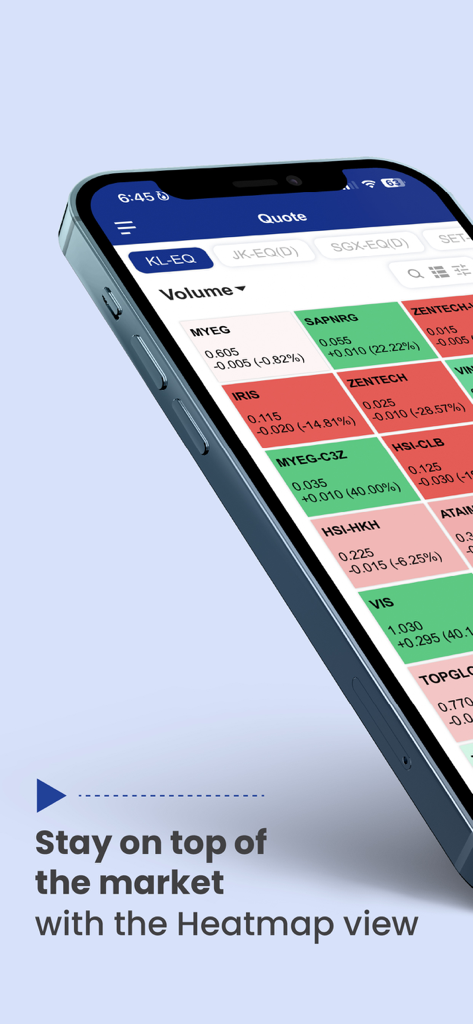 CGS iTrade mobile app interface displaying a heatmap view of stock market performance