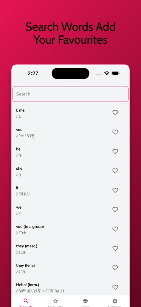 Amharic Learning - Beginners - A list of basic Amharic pronouns and words with a search bar and heart icons for favorites