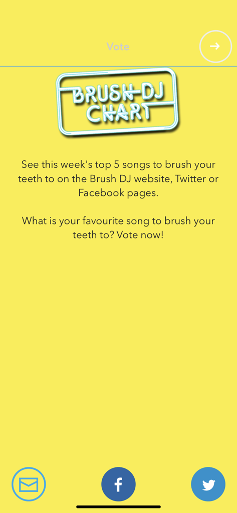 Brush DJ - A screen from the Brush DJ app showing the music chart feature where users can vote for their favorite toothbrushing songs and see the weekly top 5.