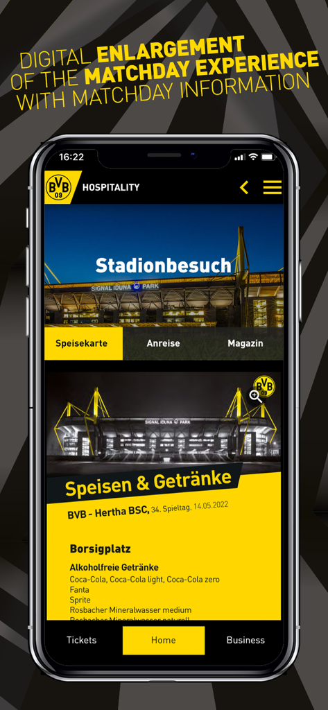 BVB Hospitality App-Bildschirm, der ein VIP-Stadionbesuchsmenü mit Essens- und Getränkeoptionen für einen Spieltag anzeigt
