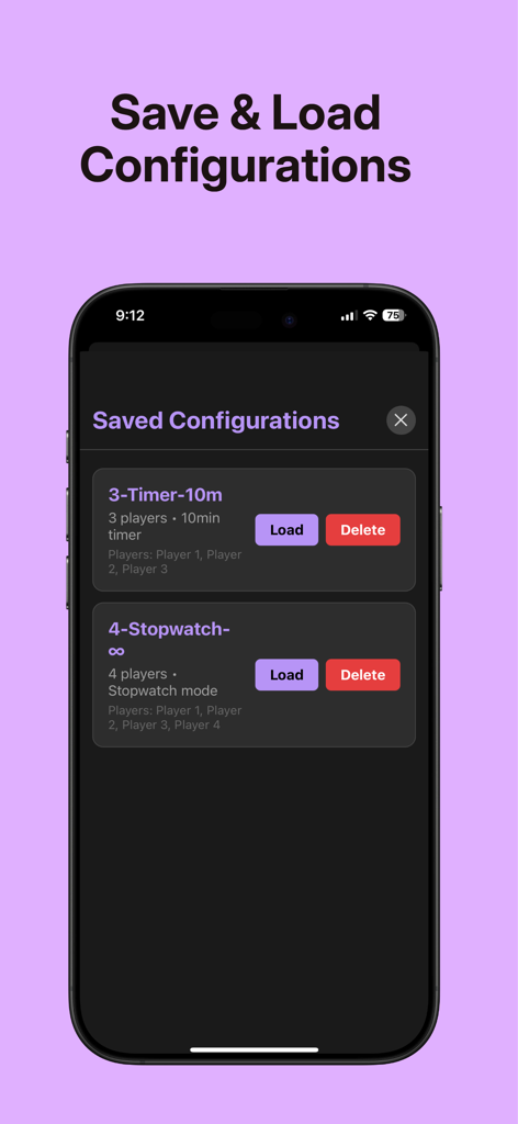 Tap Turn - Game Timer - Una lista de configuraciones guardadas de temporizador de juego y cronómetro para múltiples jugadores en la aplicación Tap Turn