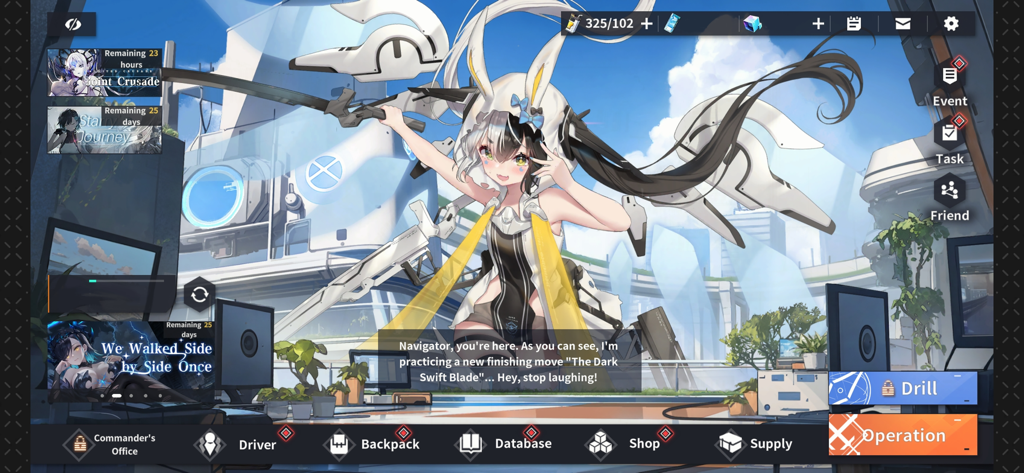 Haze Reverb - Haze Reverb mobile game home screen featuring an anime girl character with bunny ears and tactical menu icons.