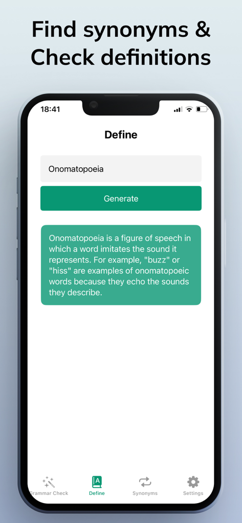 Grammar Check Corrector AI - Interface of the Grammar Check Corrector AI app showing the definition of the word onomatopoeia.