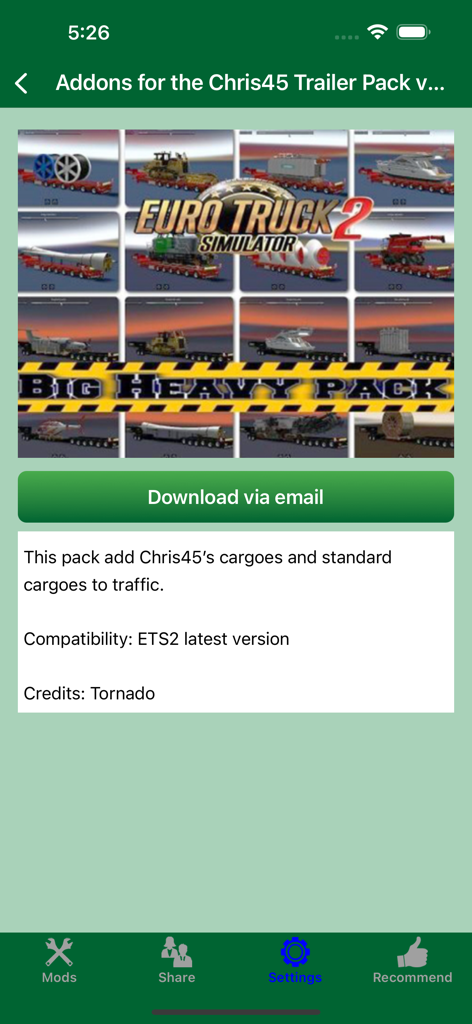 Details page of the ETS2 mods app showing the Chris45 heavy trailer cargo pack with a download button