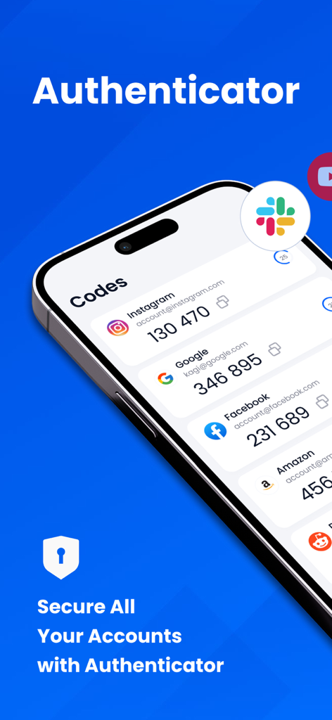 Authenticator-2FA,TOTP,MFA,OTP - オンラインアカウントの複数の二要素認証セキュリティコードを表示するスマートフォンの画面