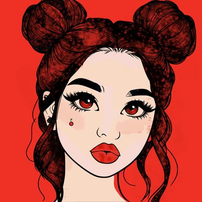 realistic girl with two buns on her hair and lips