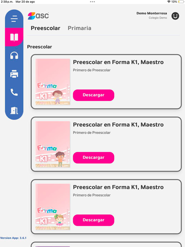 ASC - Interface do aplicativo educacional ASC exibindo livros didáticos digitais de pré-escola em espanhol com opções de download