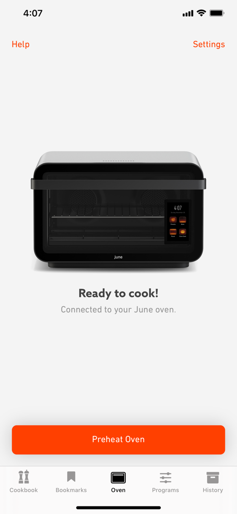 The June app interface displaying a connected smart oven with an option to preheat.