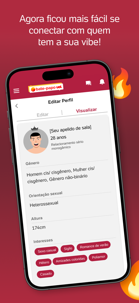 Interface do aplicativo móvel UOL Bate-Papo mostrando a tela de visualização de perfil do usuário com idade, gênero e tags de interesse.