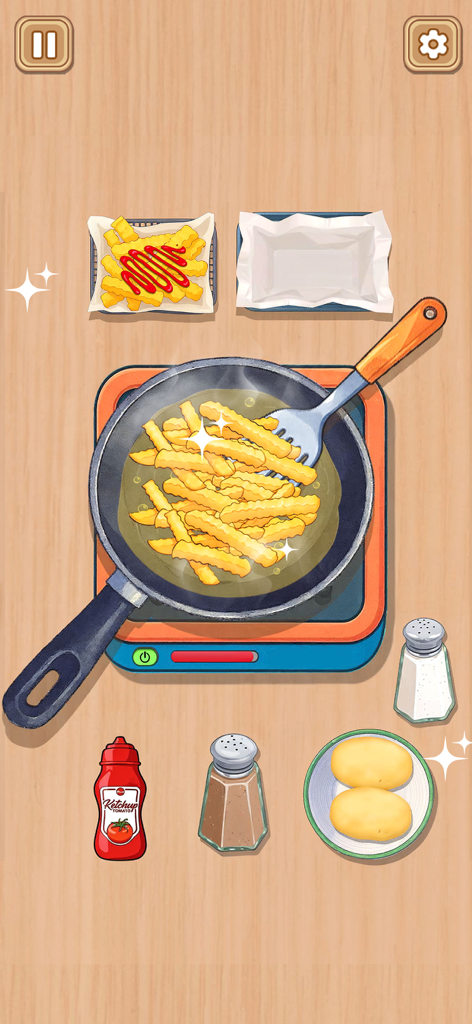 Crazy Kitchen Set Cooking ASMR - Vista superior de papas fritas friéndose en una sartén en un juego de simulación de cocina