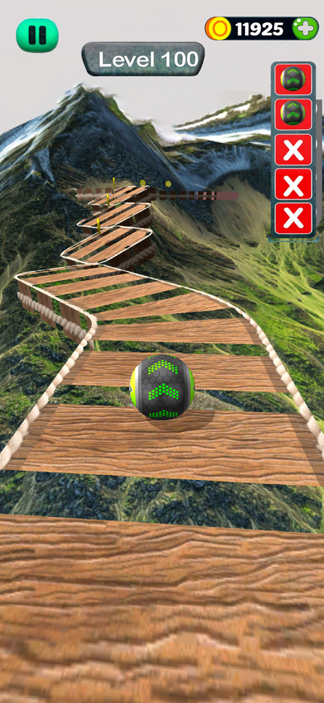 Going Balls - Rolling Sky Game - Una bola con flechas verdes rueda sobre un puente de madera sinuoso en lo alto de un paisaje montañoso.