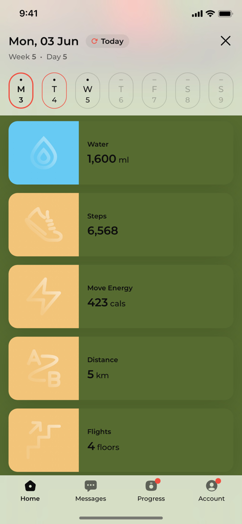 Momentum Fit - Momentum Fit app home screen showing daily progress for water steps and calories