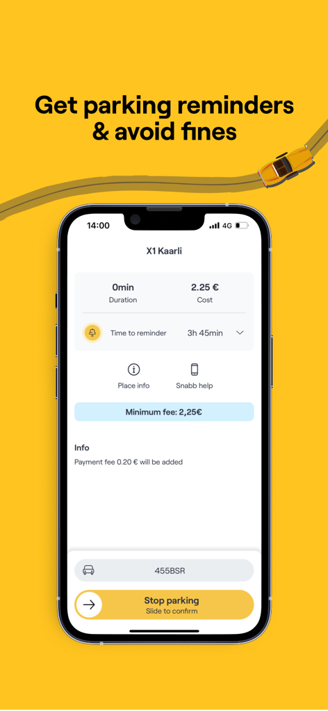 Snabb - park, wash, charge - Snabb app interface showing an active parking session with duration cost and a reminder setting to avoid fines