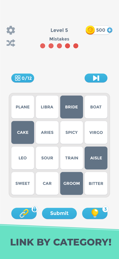 Connections Word Game - Connections Wortspiel-Puzzle-Oberfläche mit einem Raster aus Wörtern und Spielfortschritt