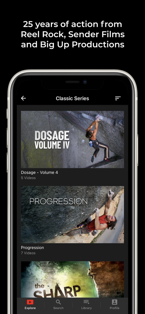 Interfaz de la aplicación móvil REEL ROCK mostrando una biblioteca de películas y documentales clásicos de escalada en roca.