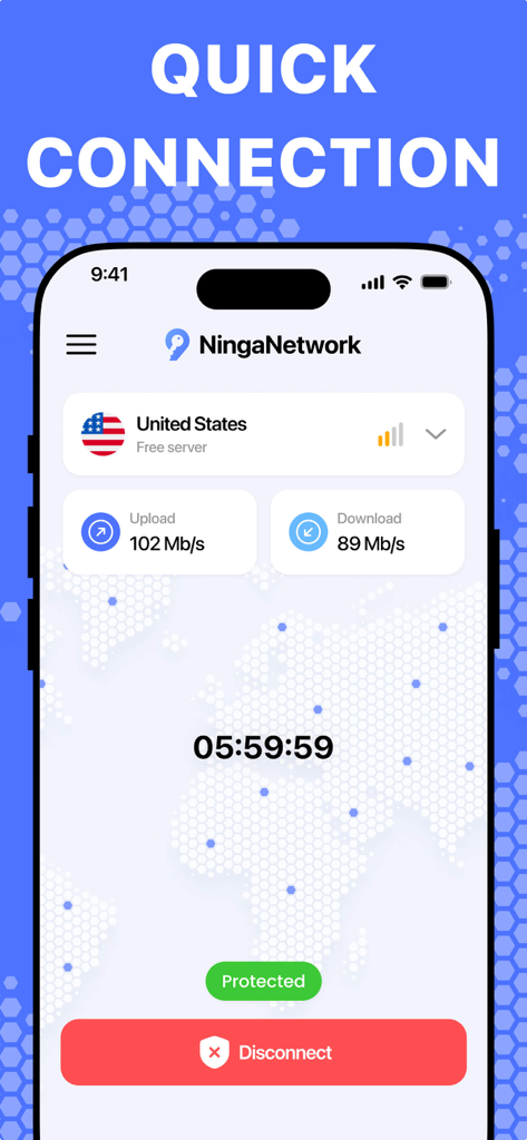 Interfaccia dell'app Secure VPN che mostra una connessione protetta a un server statunitense con metriche di velocità di caricamento e download