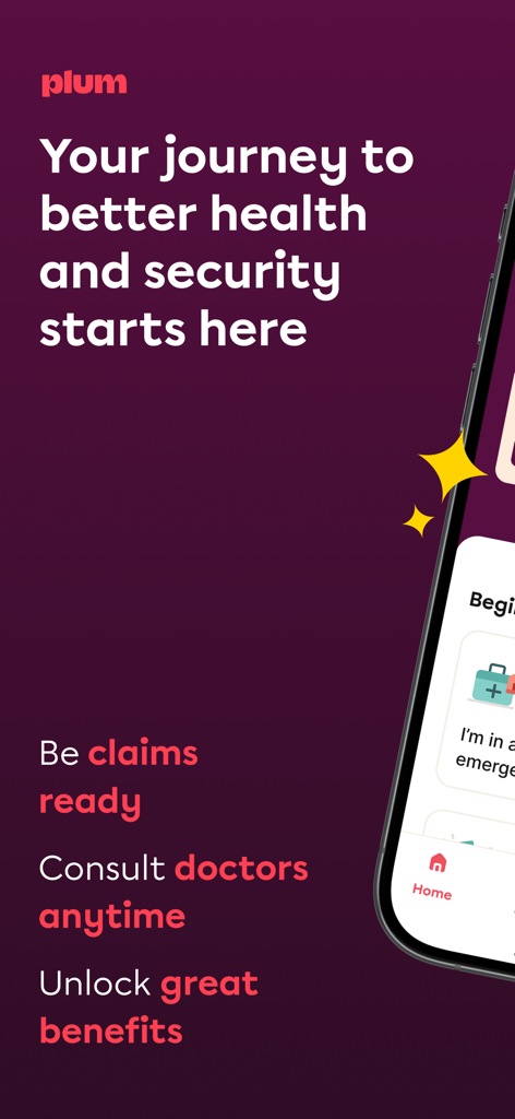 Plum: Health Benefits - Mobile app screen for Plum Health Benefits highlighting insurance claims and doctor consultations
