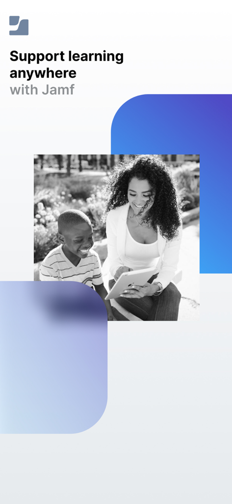 Jamf Parent - Mother and child looking at a tablet with Jamf Parent app promotional text