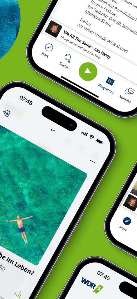 WDR 5 - Multiple iPhone screenshots displaying the WDR 5 radio and podcast app interface
