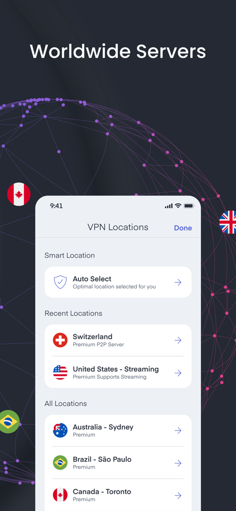 VPN Vault - Super Proxy App - VPN Vault app interface displaying a list of global server locations and the auto select feature
