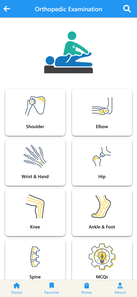 Bildschirm für orthopädische Untersuchungen mit Kategorien für Schulter, Ellbogen, Hüfte, Knie und Wirbelsäule