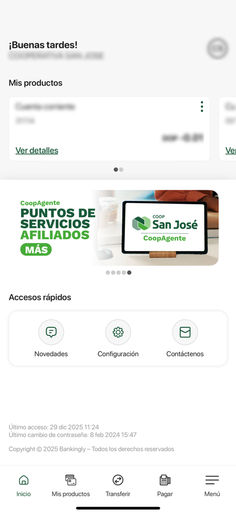 Dashboard of the CoopSanjosé En Línea mobile app featuring account balance, quick access shortcuts, and navigation menu.