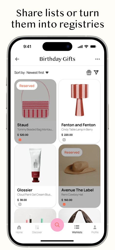 Sortd | Shopping Wishlist App - Interface de l'application Sortd affichant une liste de souhaits d'anniversaire transformée en liste de cadeaux avec des articles réservés