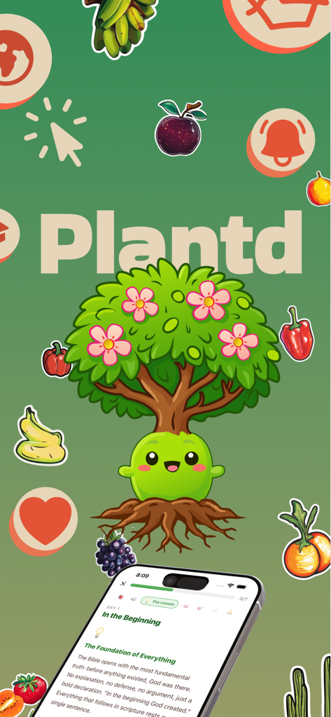 Plantd: Bible & Devotionals - Pantalla de inicio de la aplicación Plantd que muestra al personaje de IA Root y una lección de devocional bíblico diario