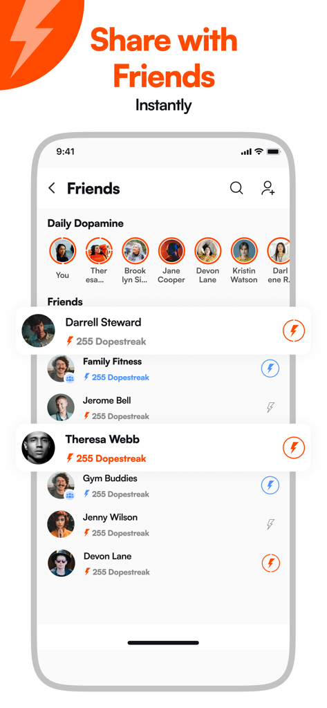 Interface of the Dopamine app showing a friends list with daily wellness streaks and community groups.