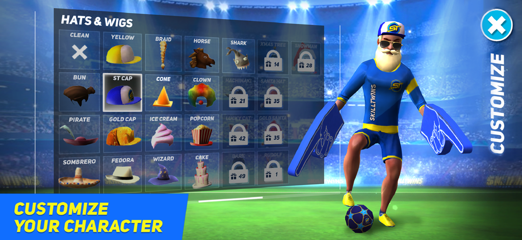 Charakteranpassungsbildschirm im Skilltwins Fußballspiel, der verschiedene Hüte und Perücken für den Spieleravatar zeigt.