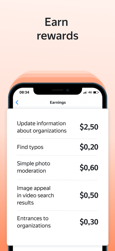 Toloka: Earn online - Mobile app screen showing various micro-tasks and their dollar rewards in the Toloka earnings interface.