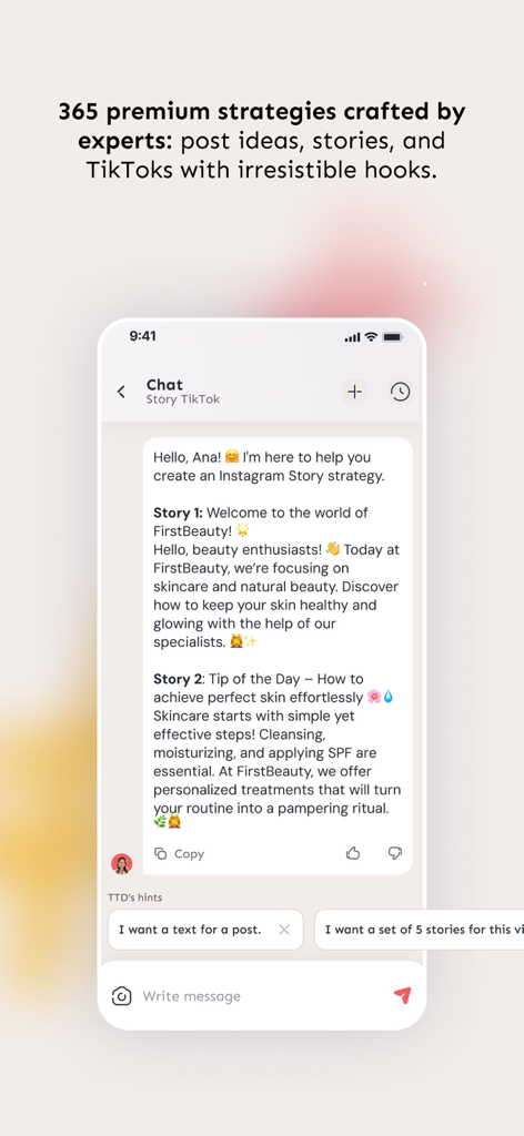 Transform the Day - AI marketing assistant chat interface generating custom Instagram story strategies for a beauty brand