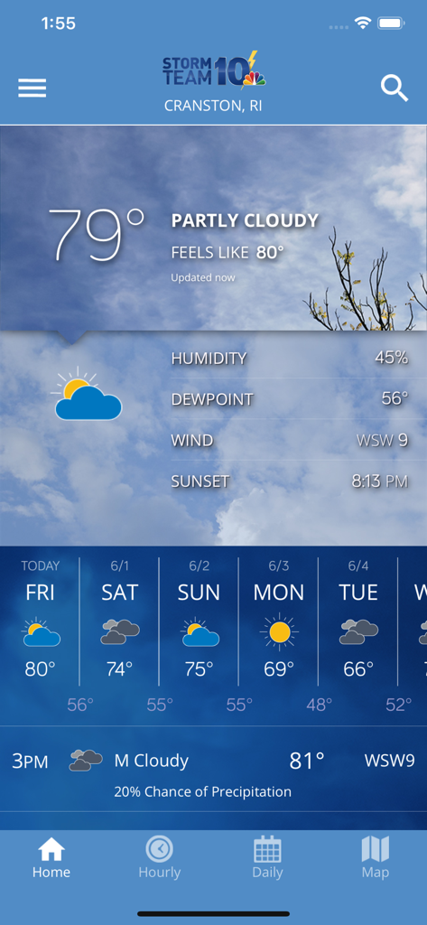 WJAR Radar - WJAR Radar app showing the current 79 degree weather and 5 day forecast for Cranston Rhode Island