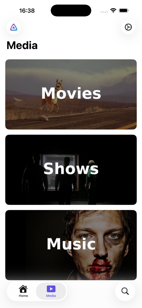 FinPlus - FinPlus app media screen displaying categories for movies, shows, and music.
