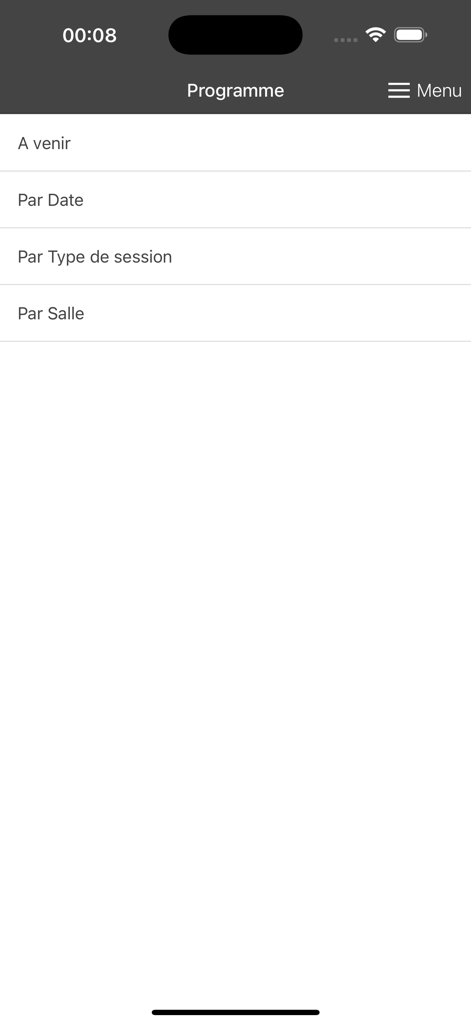 Conference programme menu with filters for dates session types and rooms