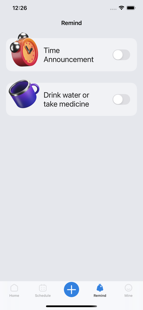 OK Alarm: Holiday & Shift Work - Screenshot of the OK Alarm app Remind tab showing toggles for time announcements and water or medication reminders.