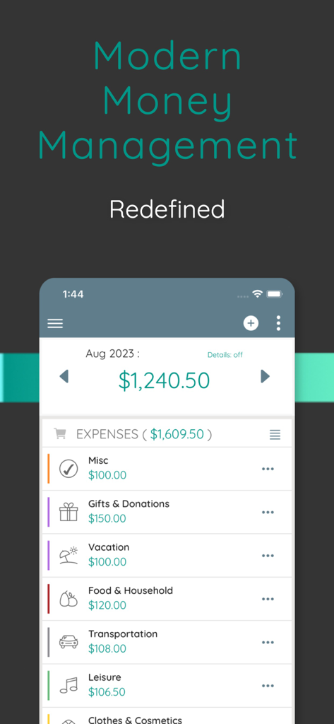 Finfluence - Finfluence mobile app screen showing categorized monthly expenses and balance