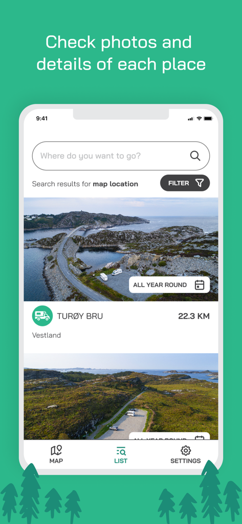 Oberfläche der Campersite Norwegen App, die eine Liste von Campingplätzen mit Drohnenfotos und Standortinformationen anzeigt