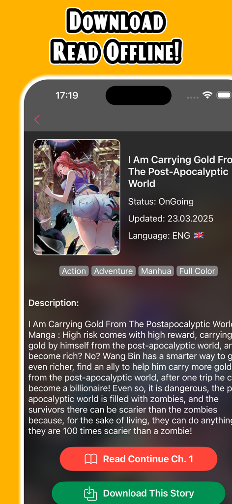 Manga Reader: Webcomic, Manhwa - Manga Reader app interface showing a manhwa detail page with a download button for offline reading