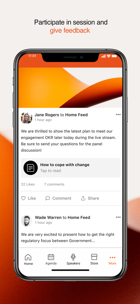 GSK events - iPhone display showing the GSK events app home feed with professional updates and a bottom navigation menu.