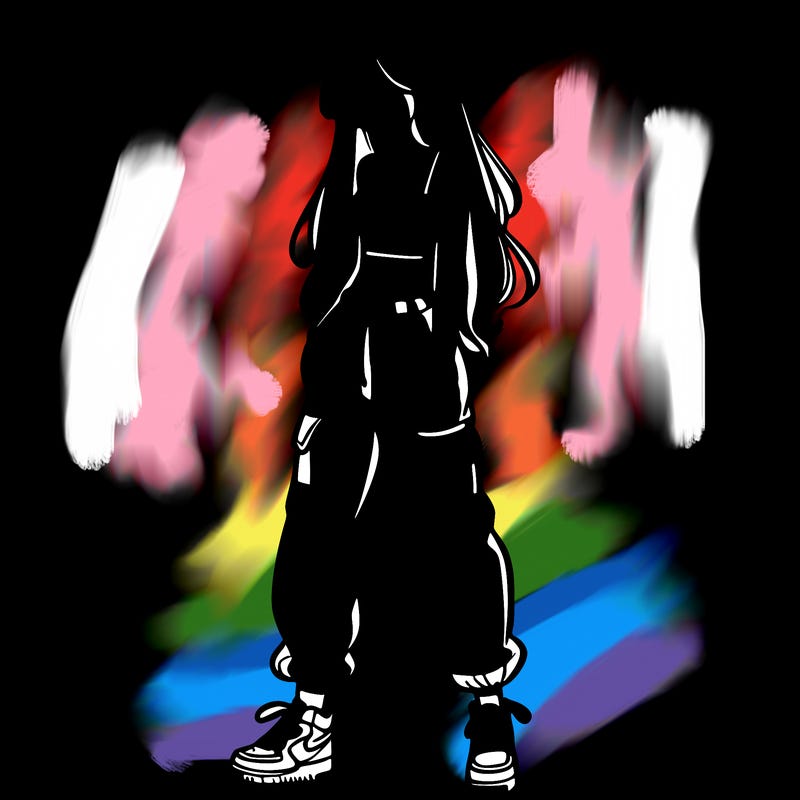 girl in baggy pants crop top and long hair