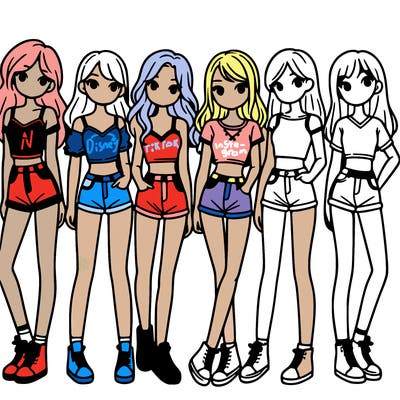 a group of girls wearing crop tops and shorts