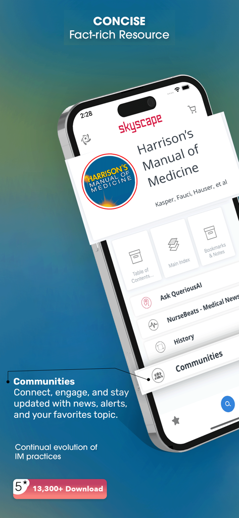 Harrison’s Manual of Medicine app home screen featuring medical navigation tools and community updates