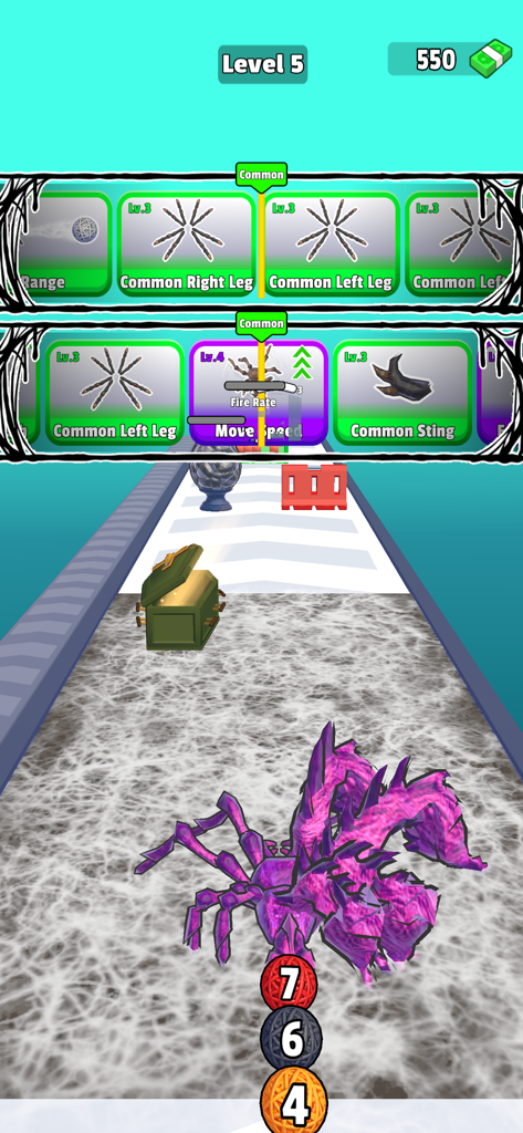 Spider Evolution - Un personaje de araña morada evolucionada corriendo a través de un nivel con cartas de mejora y orbes de ADN en Spider Evolution