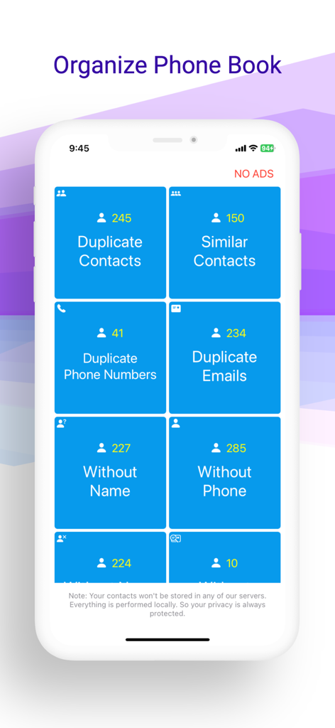 Dashboard der Remove Duplicate Contacts Pro App, das verschiedene Kategorien zur Kontaktorganisation wie Duplikate und fehlende Informationen anzeigt