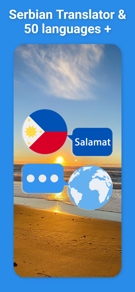 Serbian Translator & More + - Capture d'écran de l'application Traducteur Serbe présentant la prise en charge de plus de 50 langues avec un fond de coucher de soleil sur la plage.